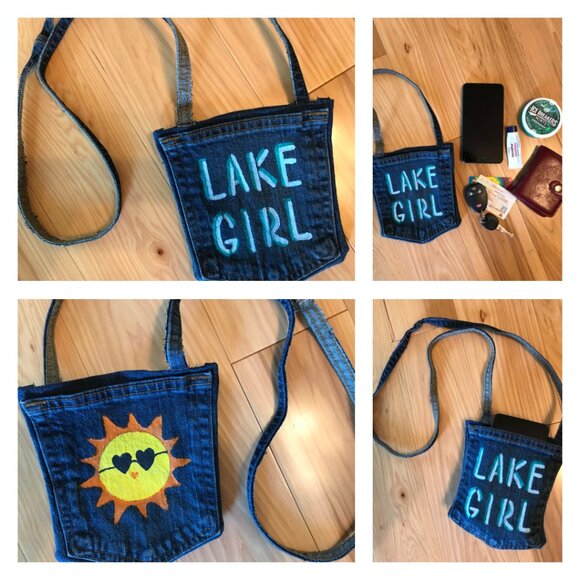 Handmade Crossbody Cell Phone Bag: Lake Girl Theme, Recycled Denim Jean Purse - Picture 9 of 9